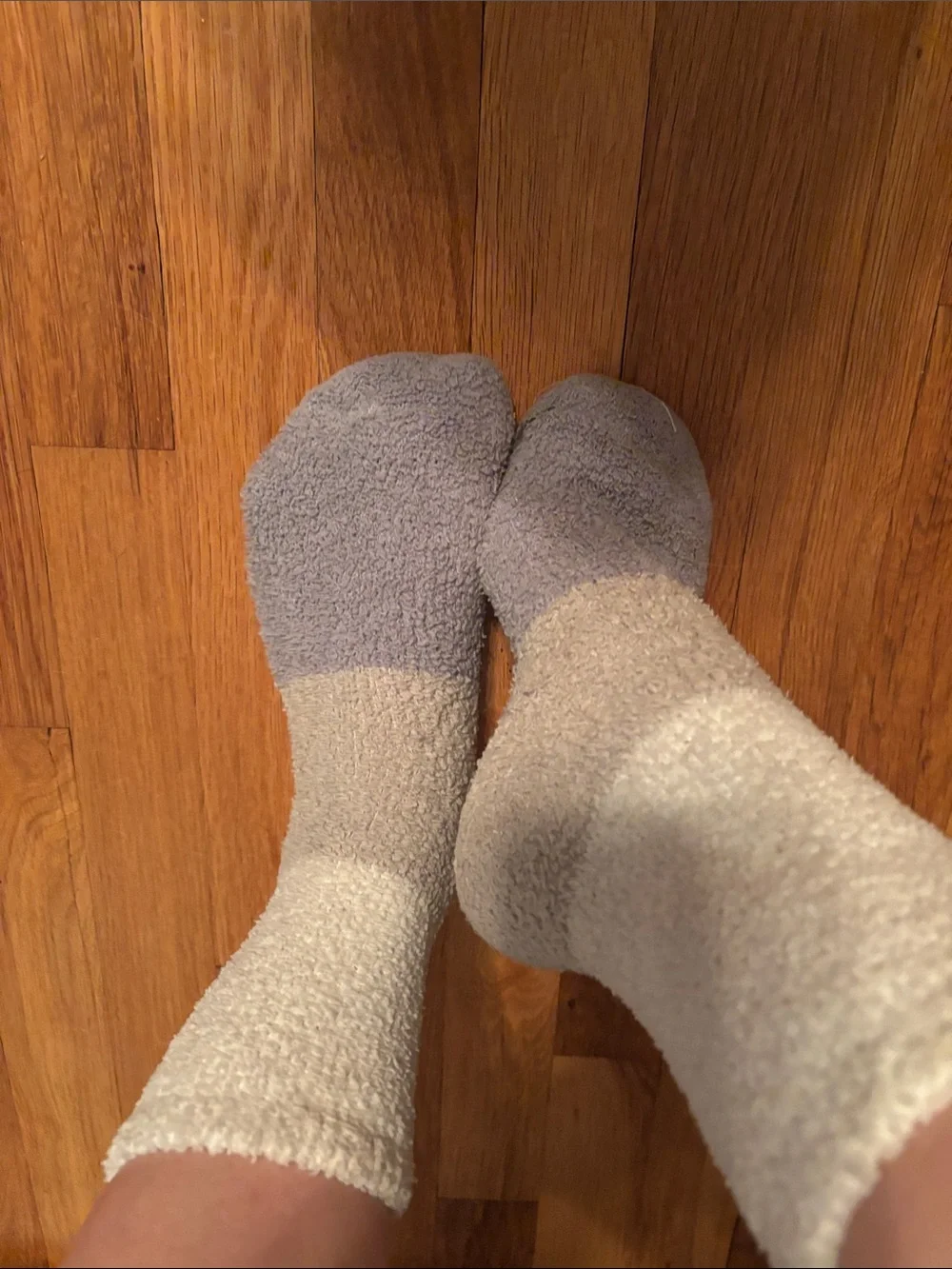 Cozy Two-Tone Plush Crew Socks in Light Gray & Cream size small